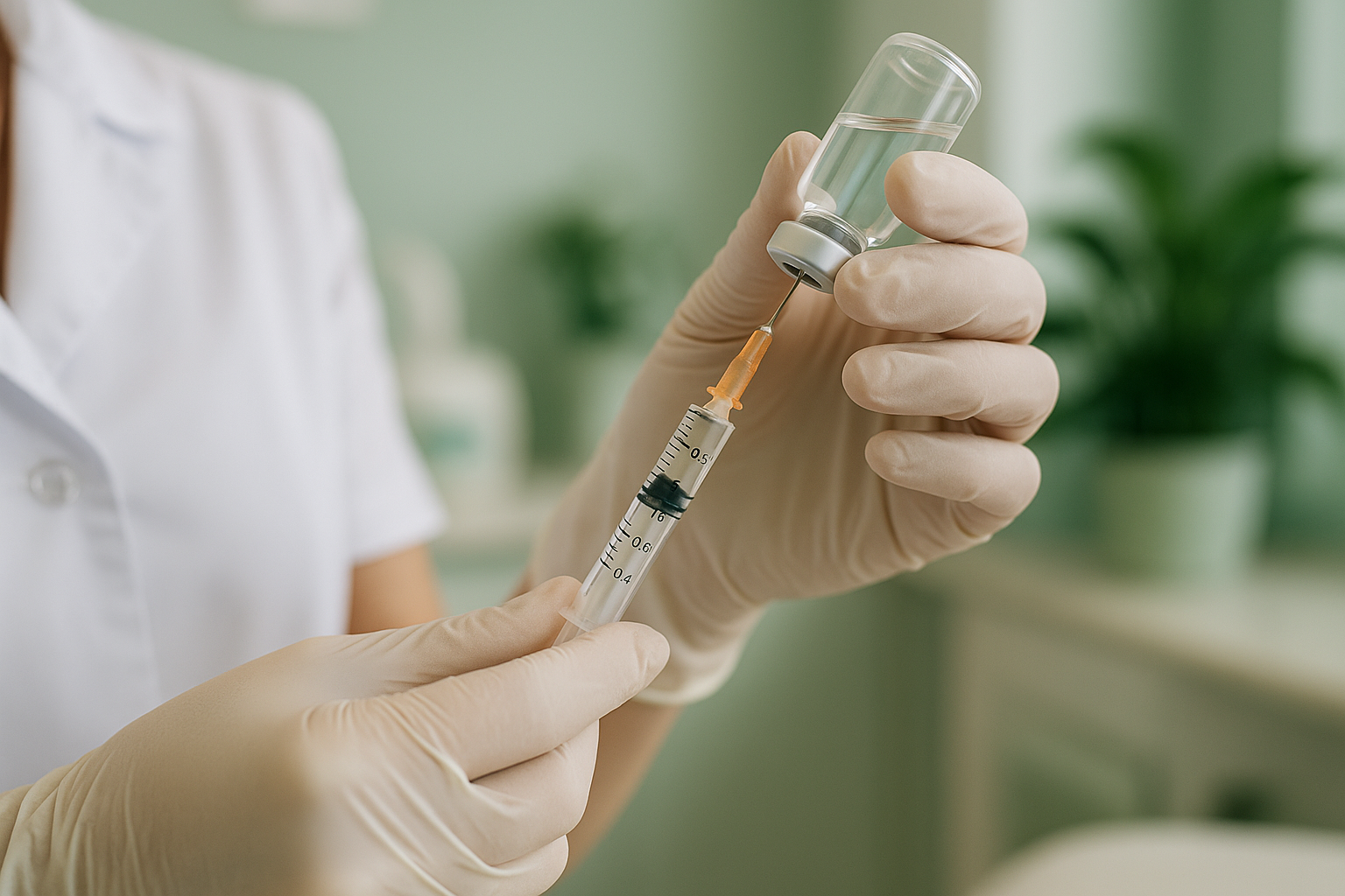 Close-up photo of a professional aesthetic injector preparing a dermal filler syringe in a clean clinical setting.