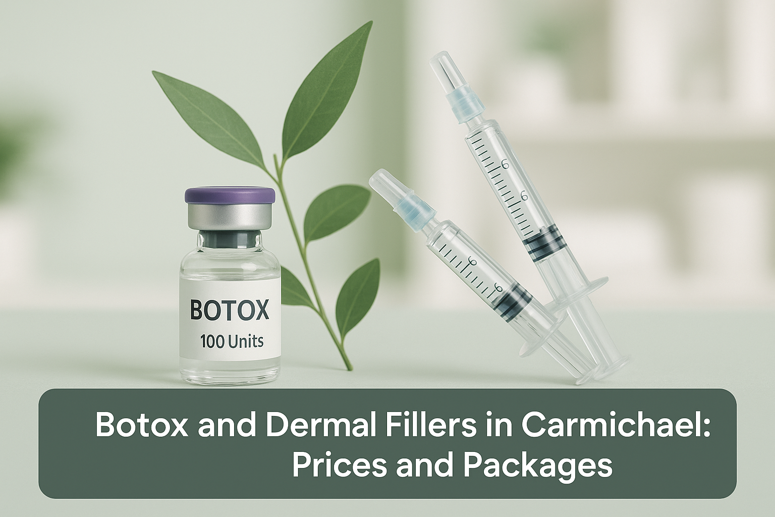 Professional blog thumbnail showing Botox vials and dermal filler syringes with a clinical medical spa background and a bottom overlay banner with white text about Botox and dermal fillers in Carmichael.