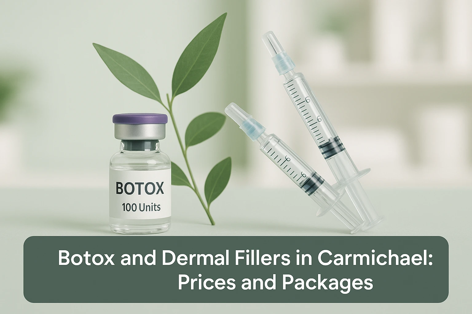 Professional blog thumbnail showing Botox vials and dermal filler syringes with a clinical medical spa background and a bottom overlay banner with white text about Botox and dermal fillers in Carmichael.