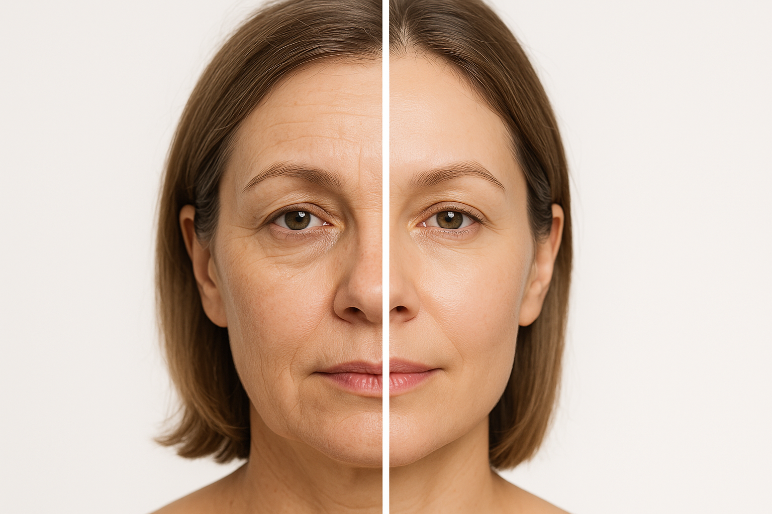 Before and after comparison of facial skin treatment showing improved skin texture, reduced fine lines, and radiant complexion in realistic clinical photography.
