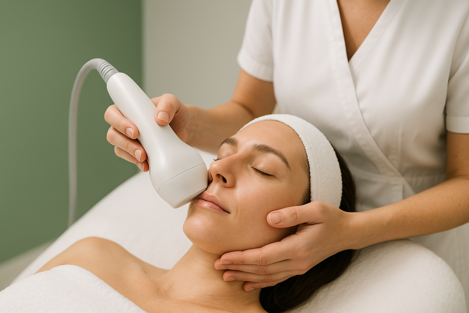Close-up of clinician performing Sofwave ultrasound skin tightening treatment on patient’s face in a clean medical spa setting with green and white color accents.