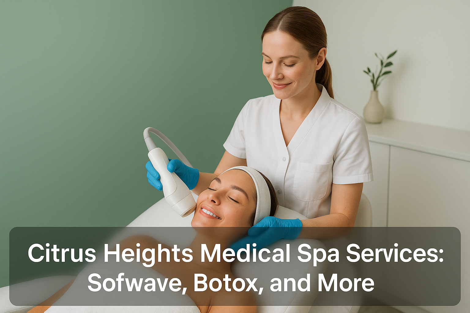 Professional medical spa scene showing a medical professional performing a facial treatment on a client in a calming treatment room with green and off-white tones representing Citrus Heights medical spa services including Sofwave and Botox.