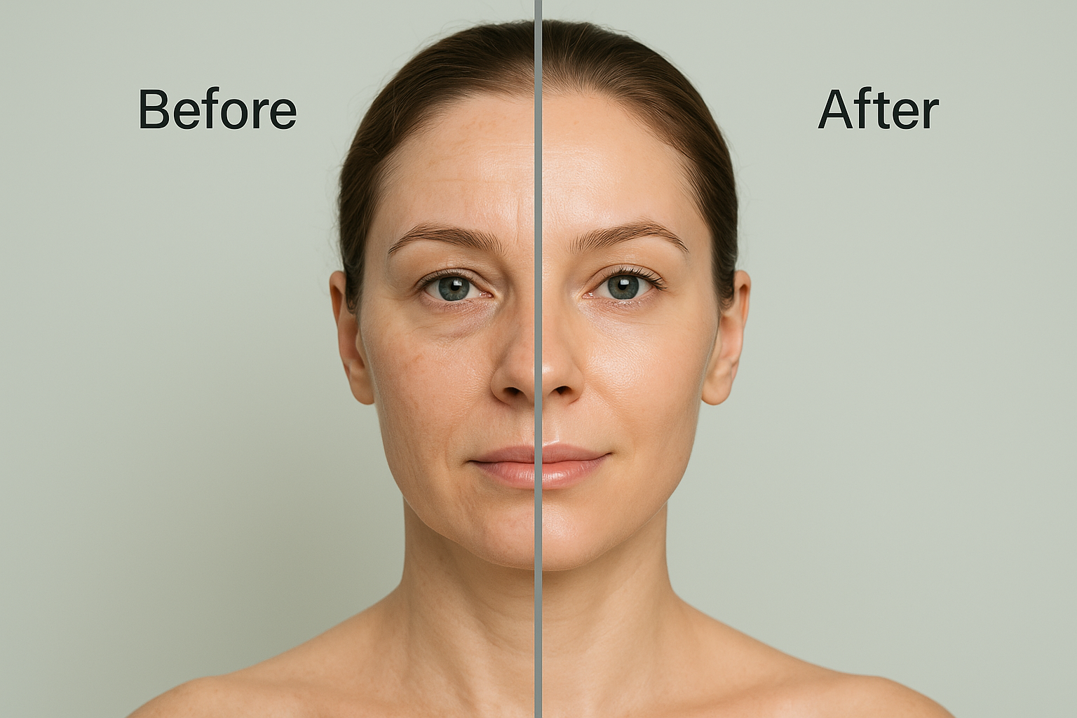 Vertical split before-and-after comparison of a woman's face showing skin improvement with reduced fine lines and glowing skin after cosmetic injectable treatment