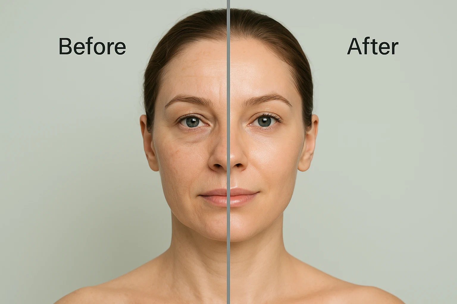 Vertical split before-and-after comparison of a woman's face showing skin improvement with reduced fine lines and glowing skin after cosmetic injectable treatment