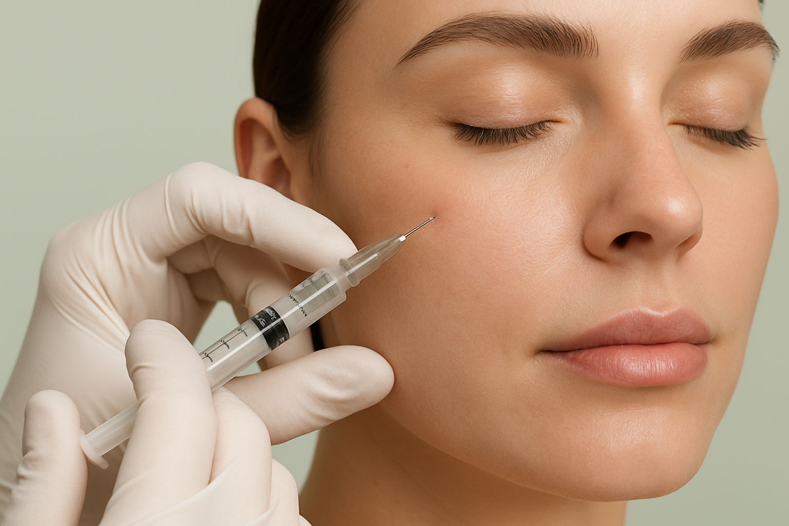 Close-up of a fine needle injecting dermal filler into a woman's cheek illustrating precision in cosmetic injectable treatment