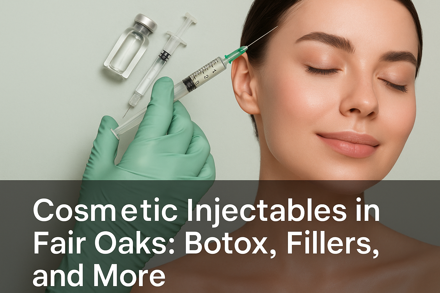 Close-up of a youthful woman with smooth skin representing cosmetic injectables, with a professional semi-transparent text overlay at the bottom reading 'Cosmetic Injectables in Fair Oaks: Botox, Fillers, and More'