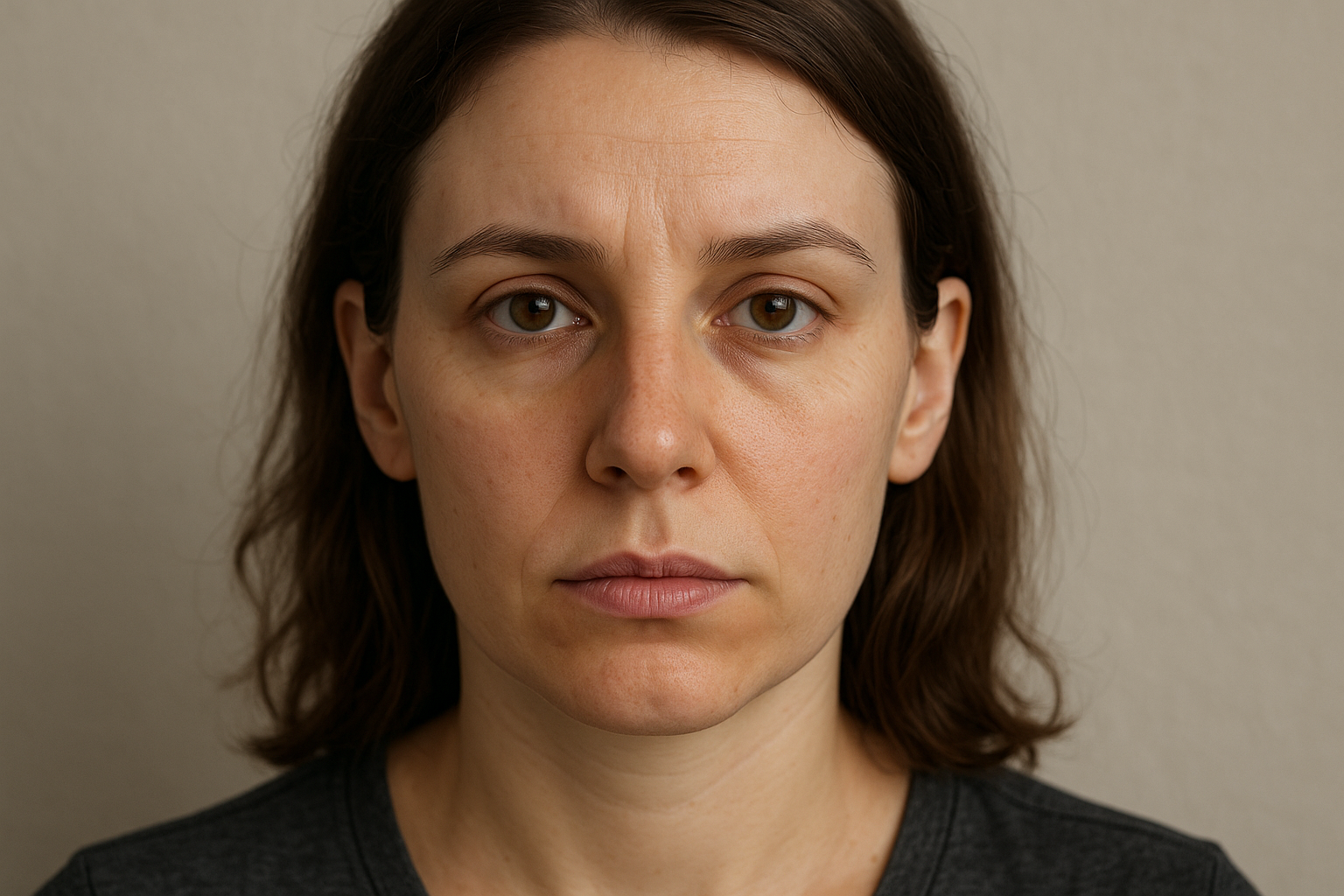 Before photo of a woman's face showing subtle facial asymmetries prior to balancing treatment, with natural lighting and a neutral background.