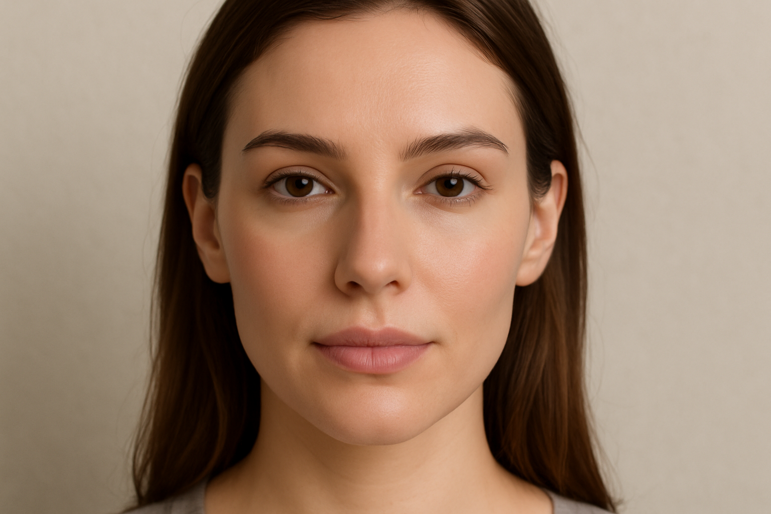 After photo of the same woman showing improved facial symmetry and smoother skin following the balancing treatment, under natural lighting with a neutral background.