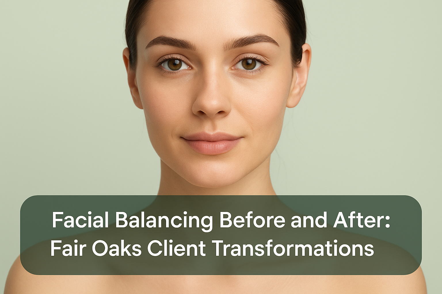 Close-up portrait of a woman illustrating natural facial balance and harmony, with a transparent text overlay at the bottom reading about facial balancing transformations in Fair Oaks.