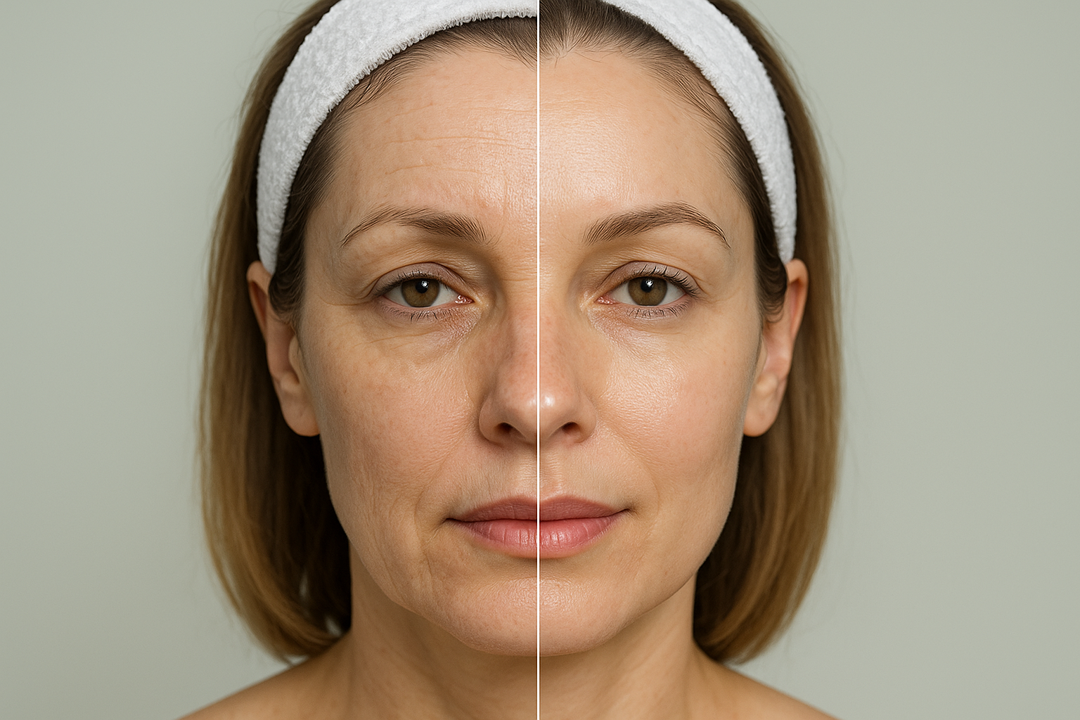 Before and after comparison of a woman's face showing improved skin texture and reduced fine lines after Sofwave treatment