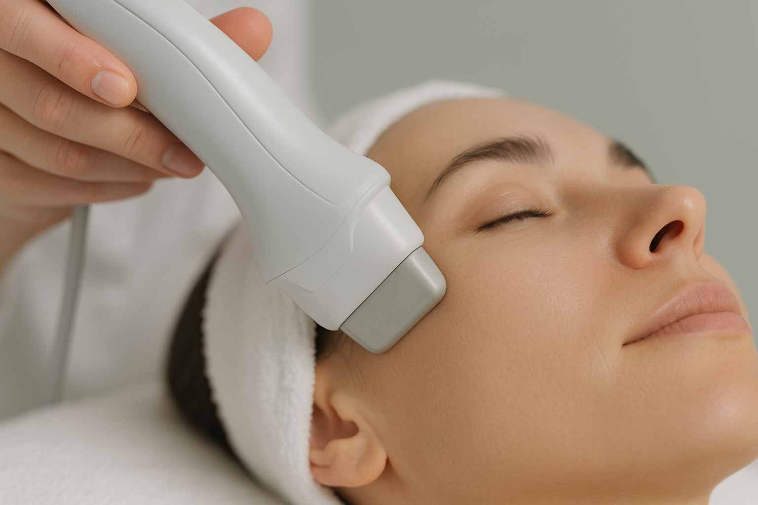 Close-up image of ultrasound device applying Sofwave treatment on a woman's face in clinical setting