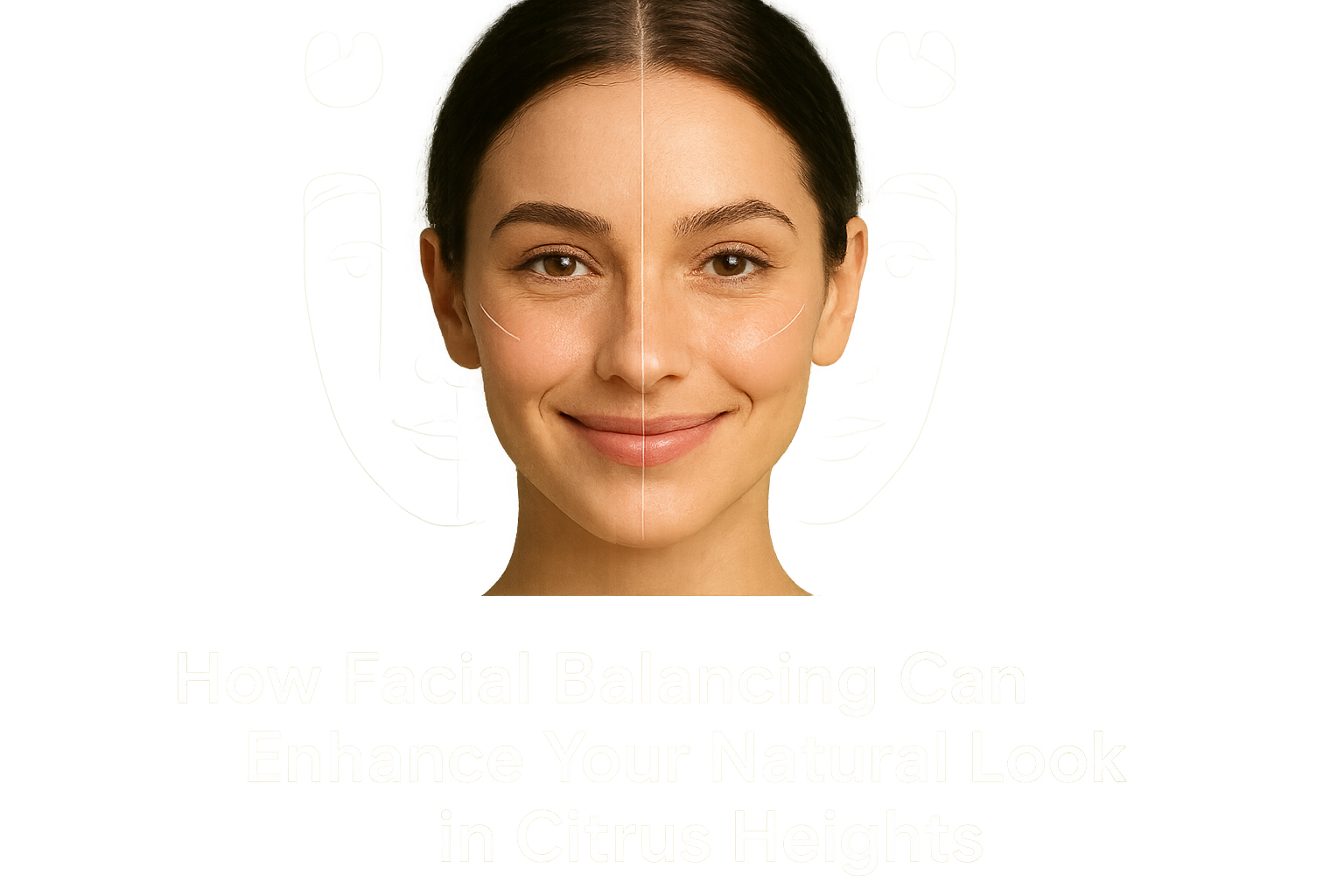 Natural, balanced female face smiling gently representing facial balancing treatments with a transparent text overlay at the bottom reading 'How Facial Balancing Can Enhance Your Natural Look in Citrus Heights' on light green background
