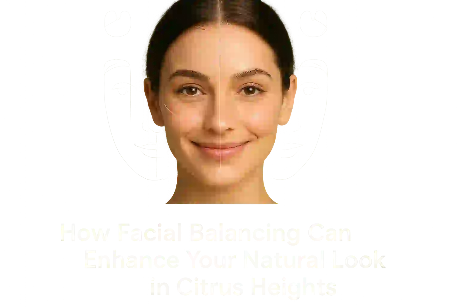 Natural, balanced female face smiling gently representing facial balancing treatments with a transparent text overlay at the bottom reading 'How Facial Balancing Can Enhance Your Natural Look in Citrus Heights' on light green background