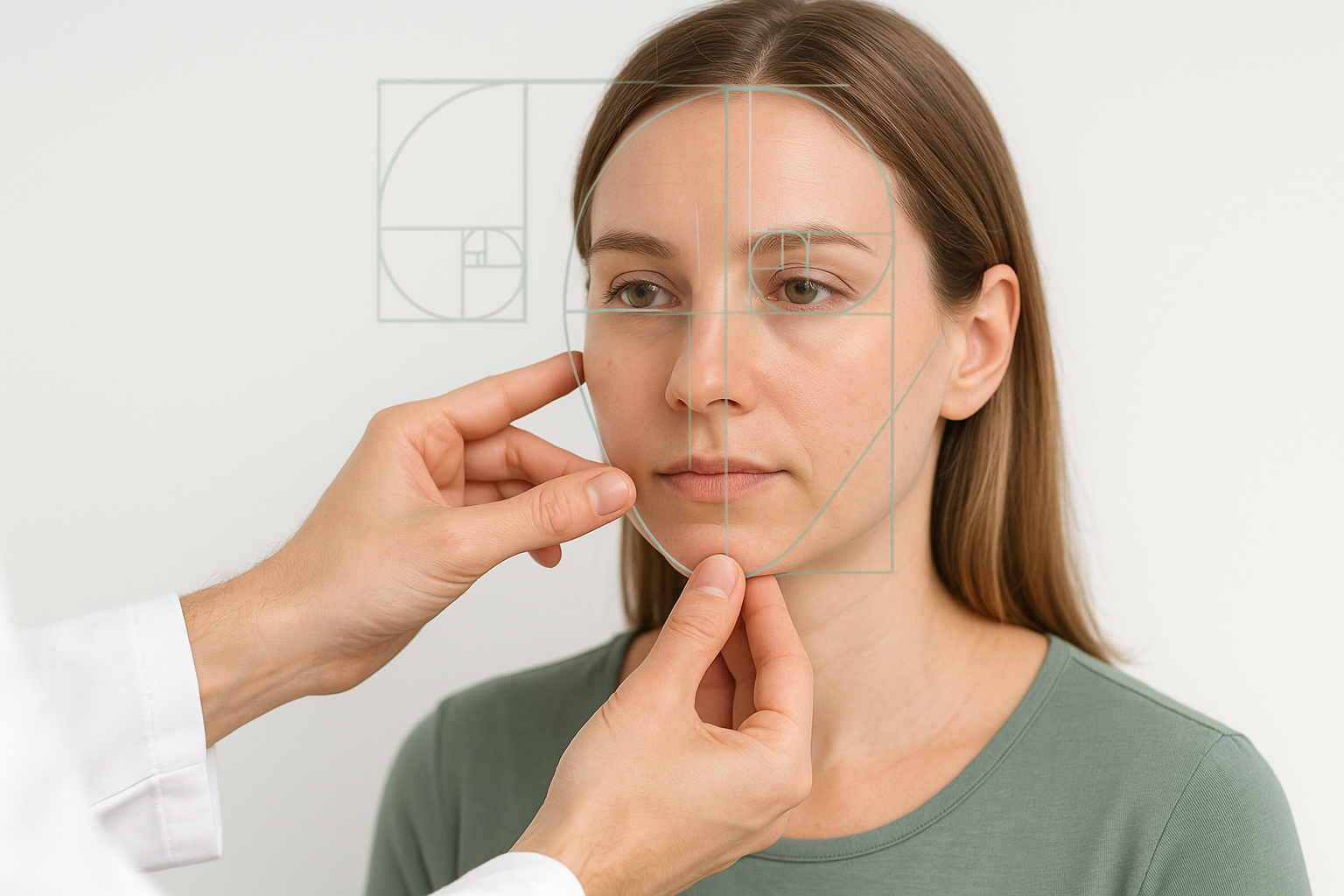 Clinical setting showing a facial assessment using golden ratio principles to analyze facial symmetry for facial balancing treatment
