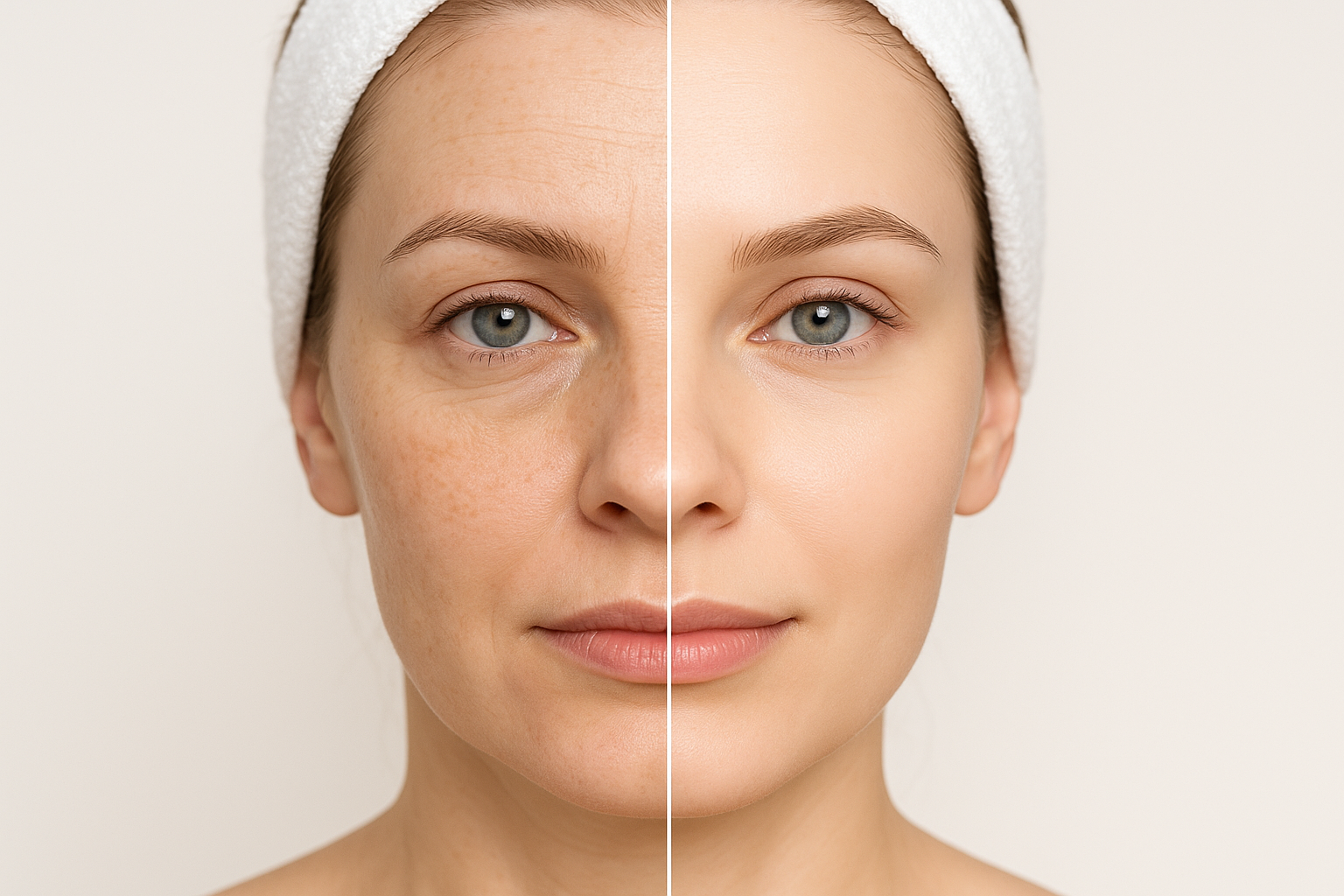 Split comparison photo showing before and after facial balancing treatment with improved skin tone and reduced fine lines, highlighting rejuvenation results
