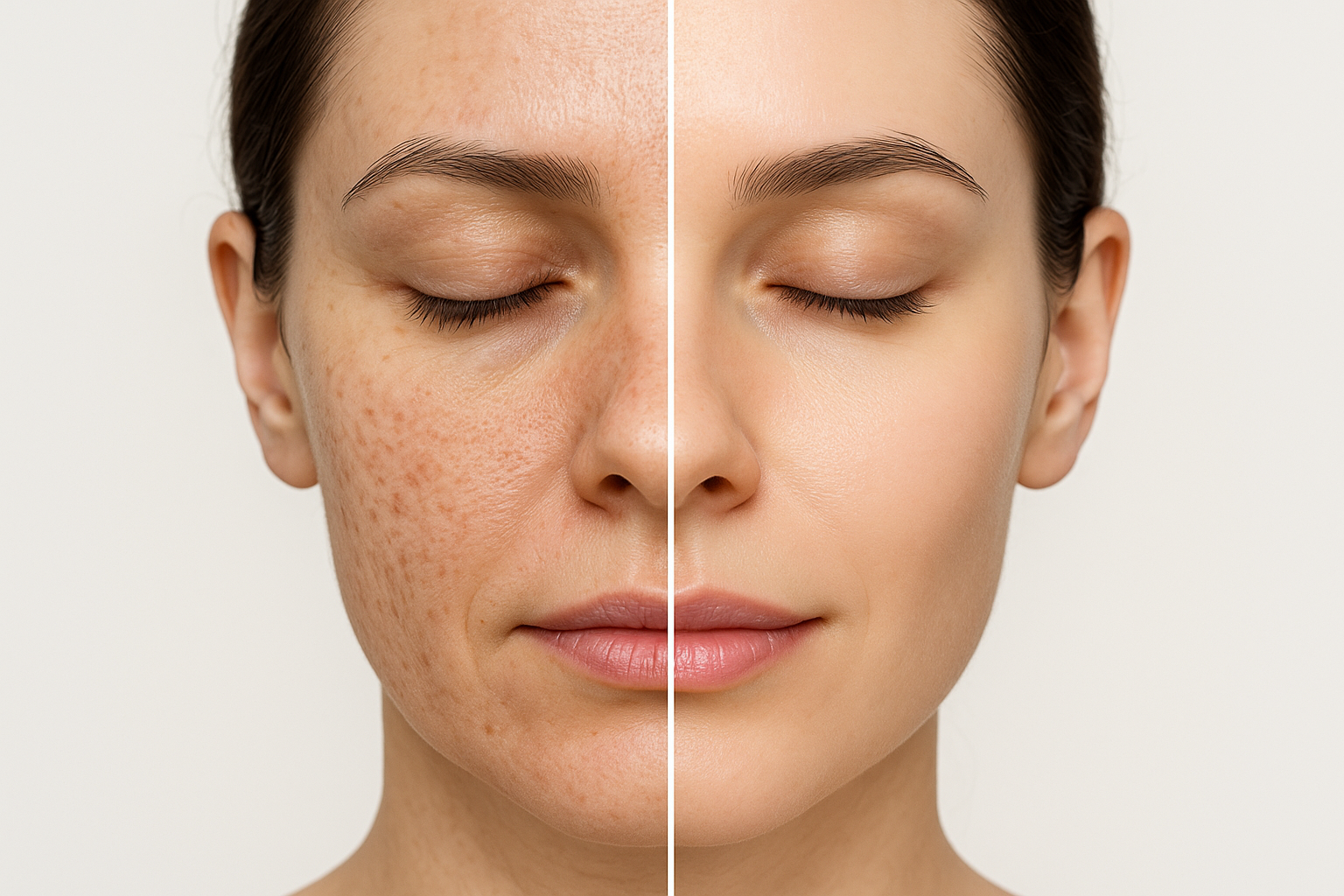 Before and after comparison of a woman's face showing improvement in skin texture and tone after laser acne scar treatment, clinical medical spa style