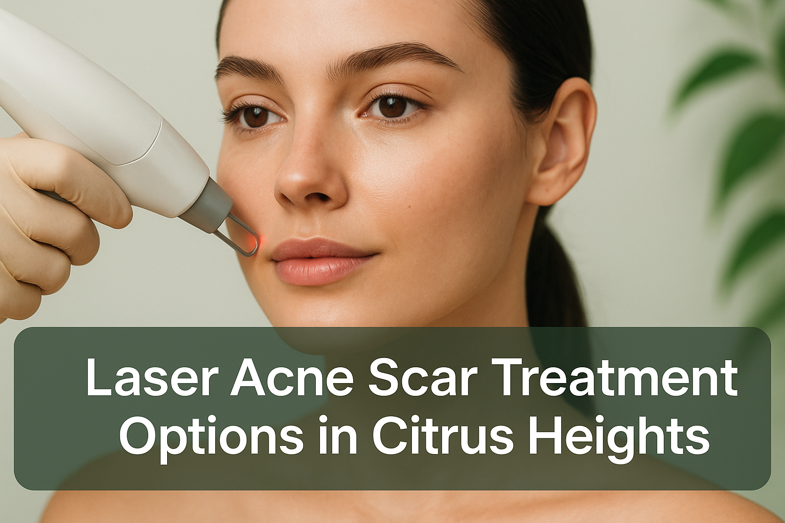 Close-up portrait of a woman with smooth, glowing skin representing laser acne scar treatment options in Citrus Heights with a transparent bottom banner showing the blog title