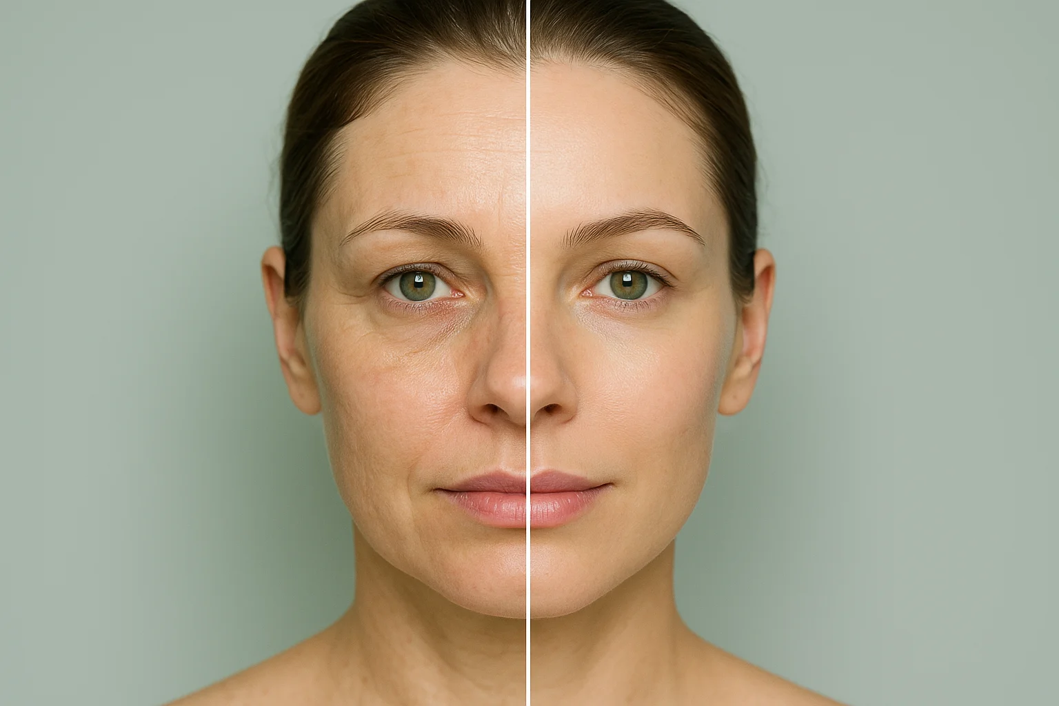 Before and after comparison of facial treatment showing dull skin with fine lines versus glowing, rejuvenated, and balanced facial appearance