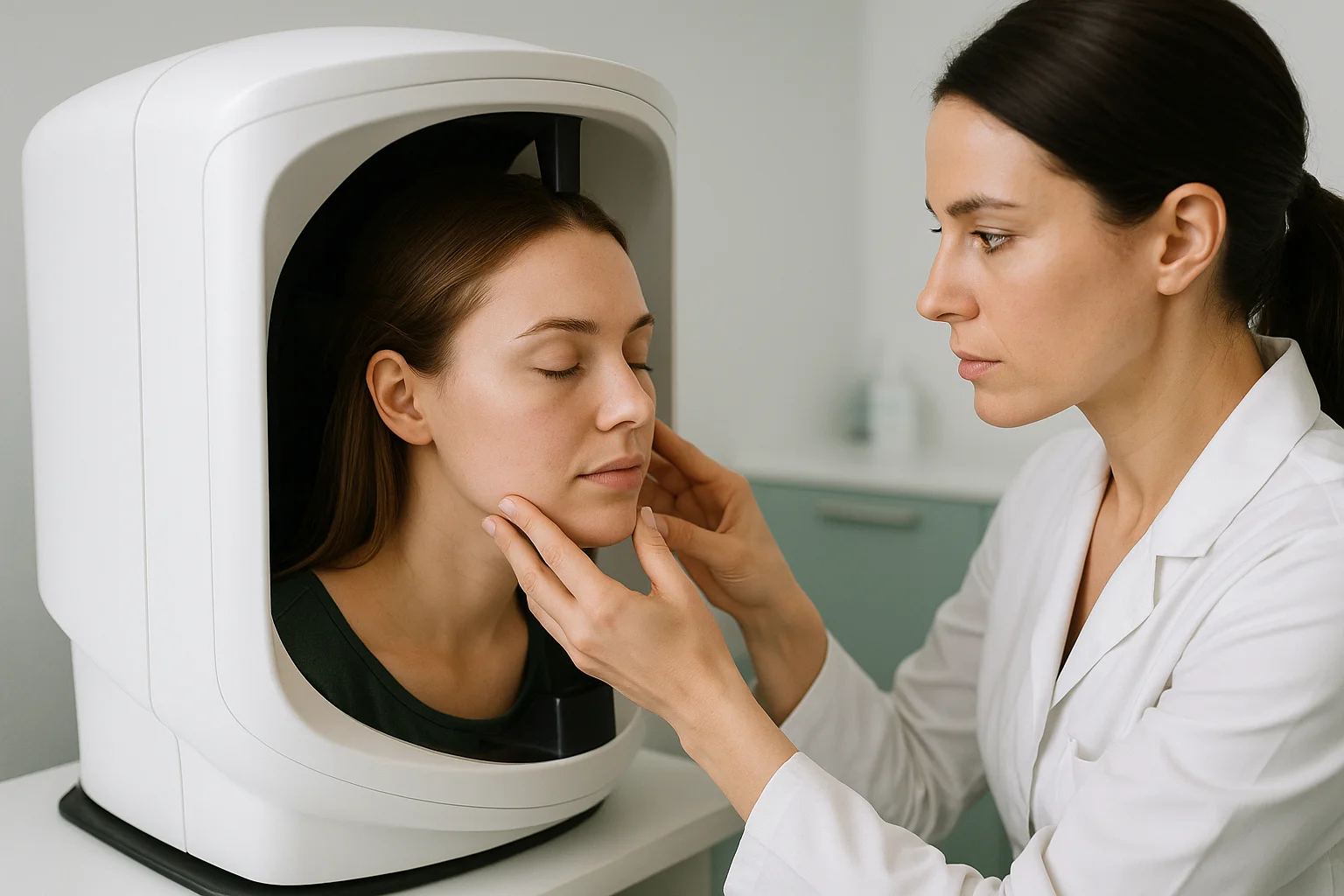 Professional aesthetic consultation illustrating facial assessment with 3D imaging device in a clean clinical setting