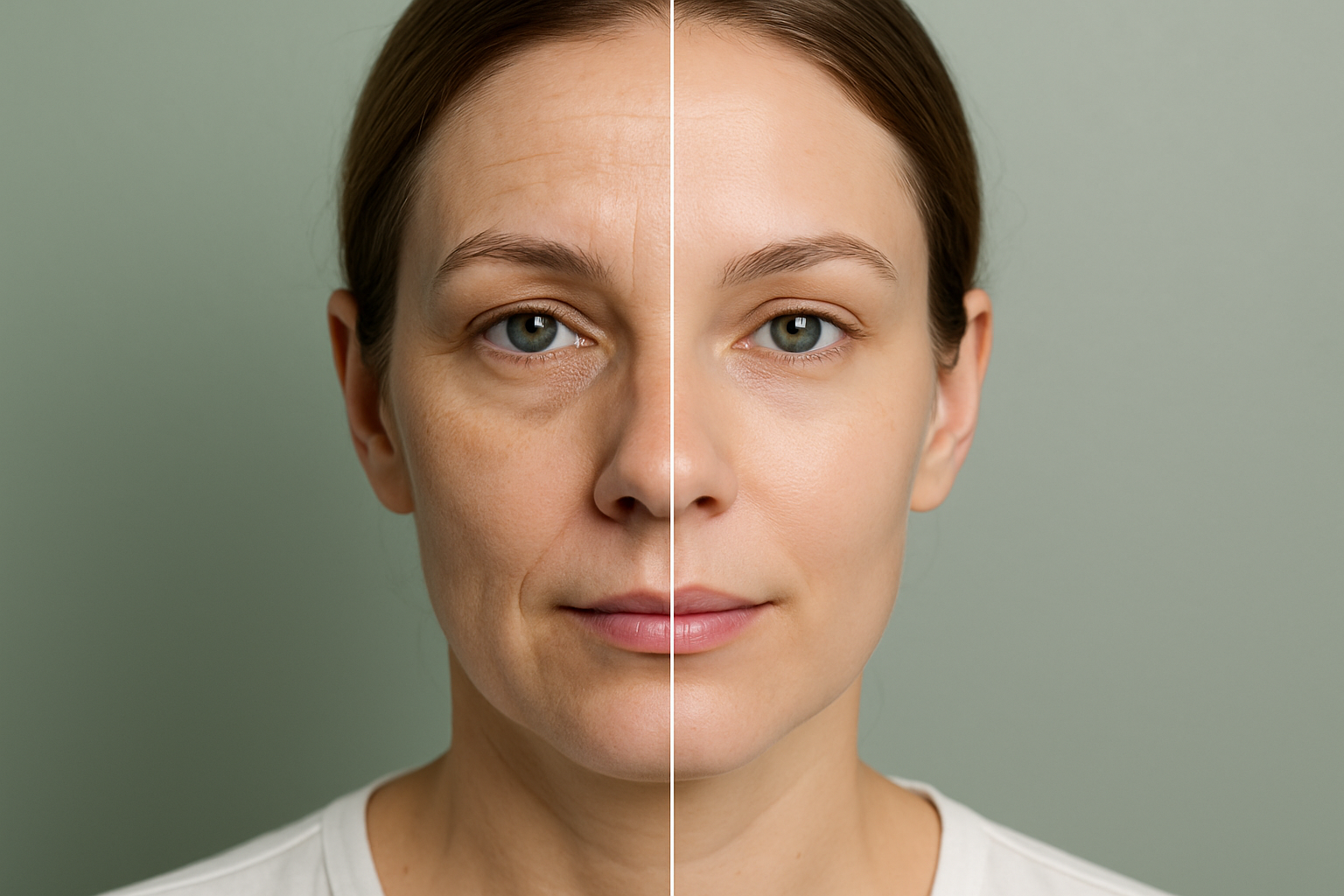 Before and after split image showing skin improvement with smoother and glowing skin after facial treatment, clinical before-and-after comparison in medical spa style