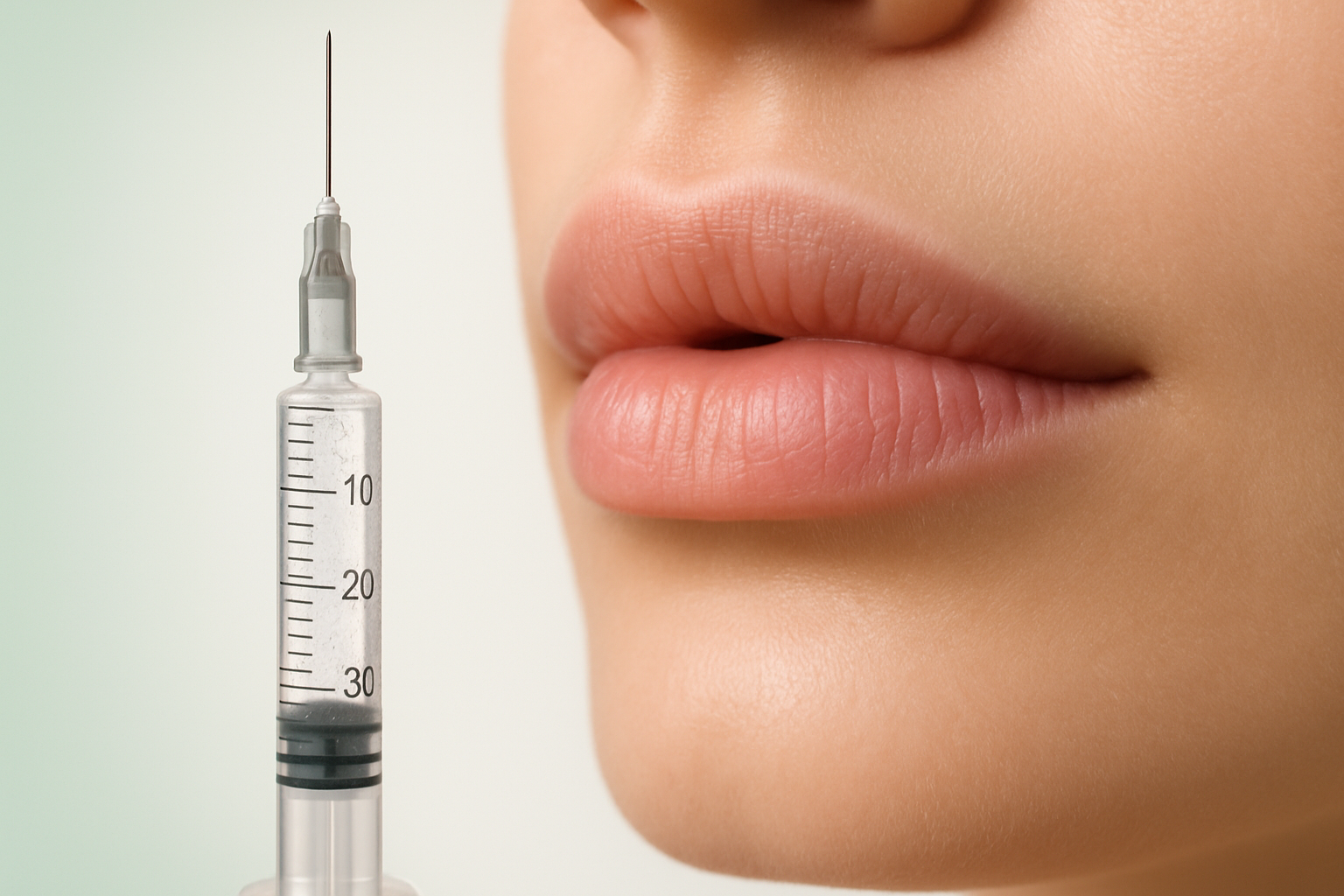 Close-up of dermal filler syringe with gel next to healthy, full lips representing lip augmentation treatment, clean medical spa style