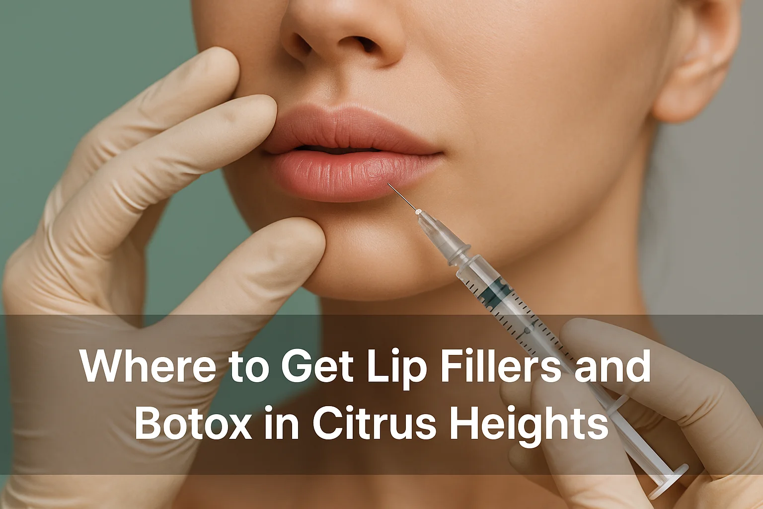 Close-up of a woman's lips about to receive cosmetic injectable treatment by a medical professional, with a transparent overlay banner displaying the blog title at the bottom, natural and professional aesthetic in Citrus Heights colors