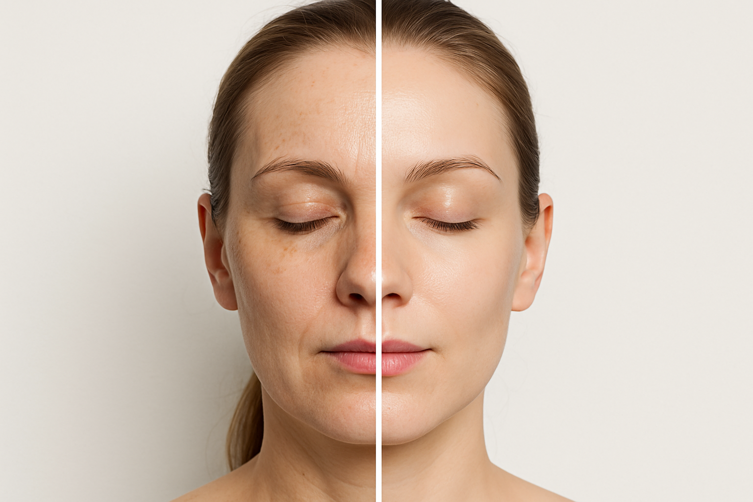 Before and after facial skin treatment comparison showing improvement in skin texture and tone with laser treatment