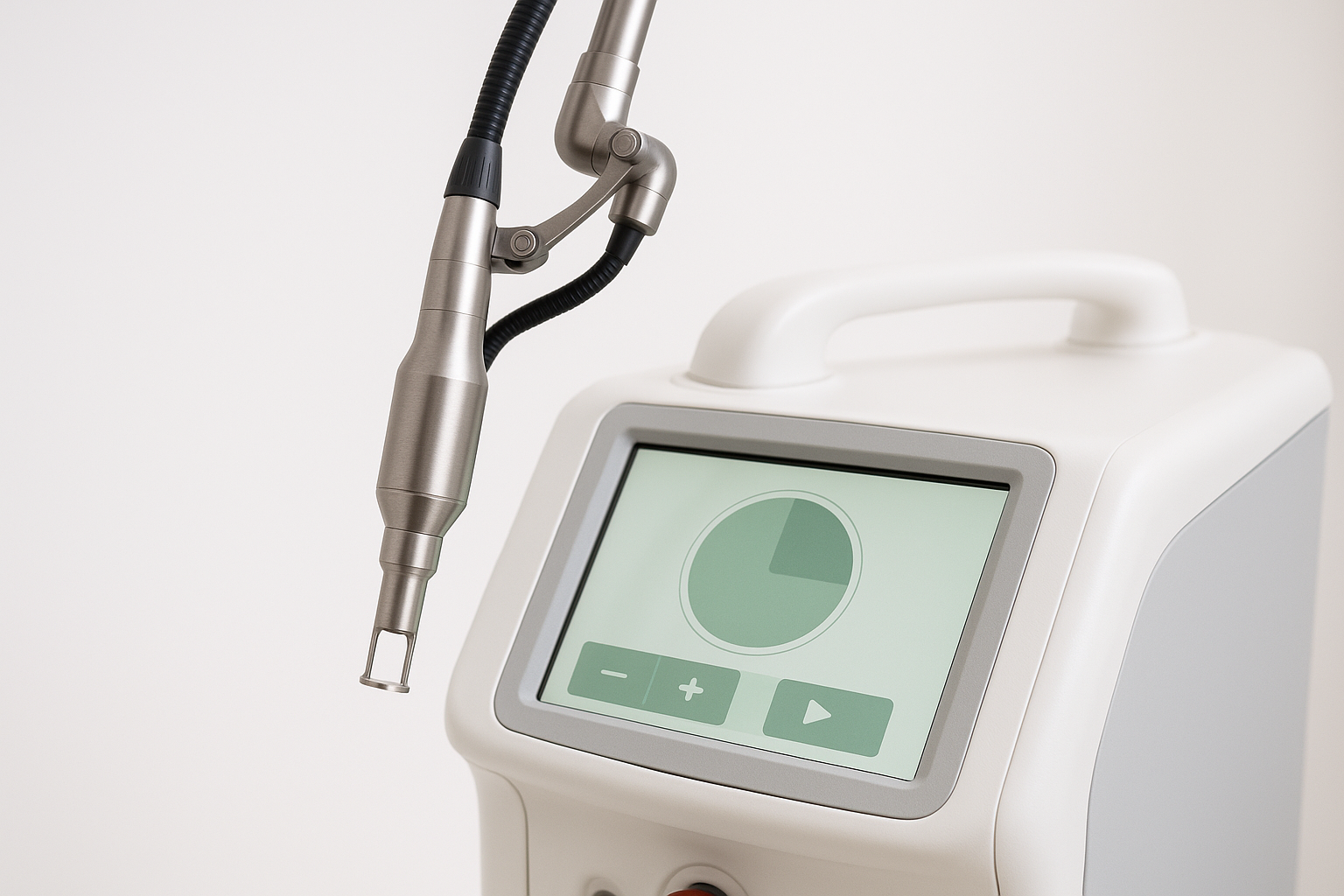 Close-up of advanced laser machine used for skin texture and tone treatments in medical clinic