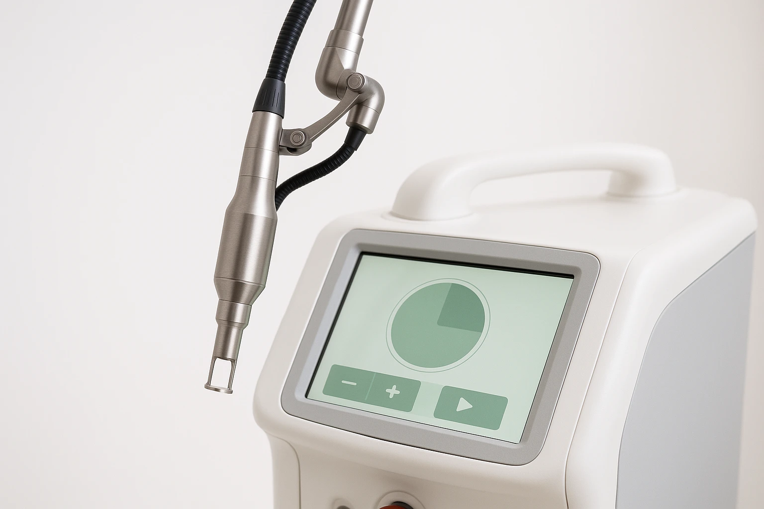 Close-up of advanced laser machine used for skin texture and tone treatments in medical clinic