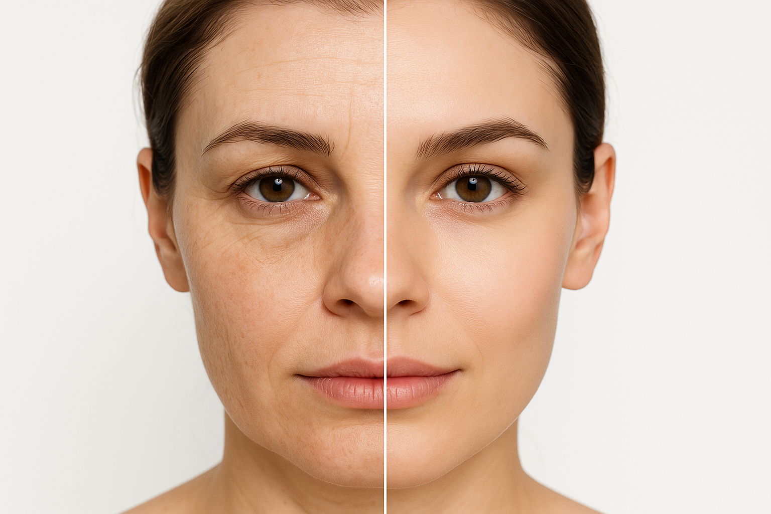 Before and after comparison of facial skin showing improvement in texture and tone with laser treatment, clinical medical spa style