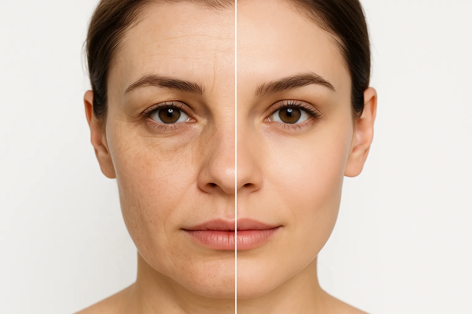 Before and after comparison of facial skin showing improvement in texture and tone with laser treatment, clinical medical spa style