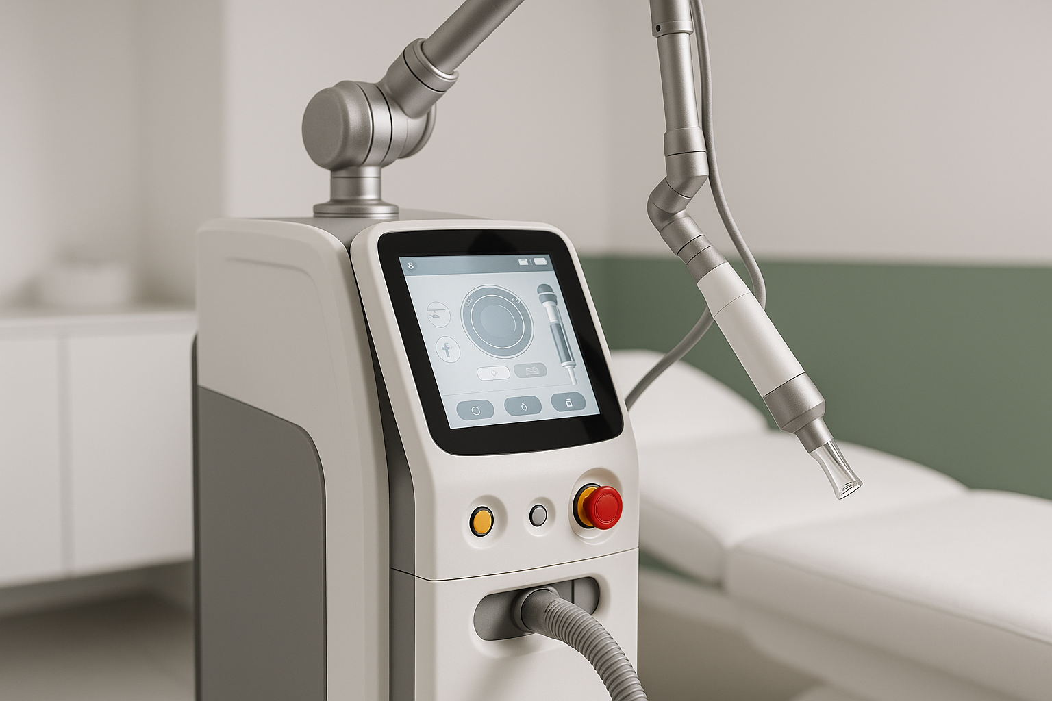 Professional laser treatment equipment in clinical environment symbolizing skin texture and tone improvement therapies