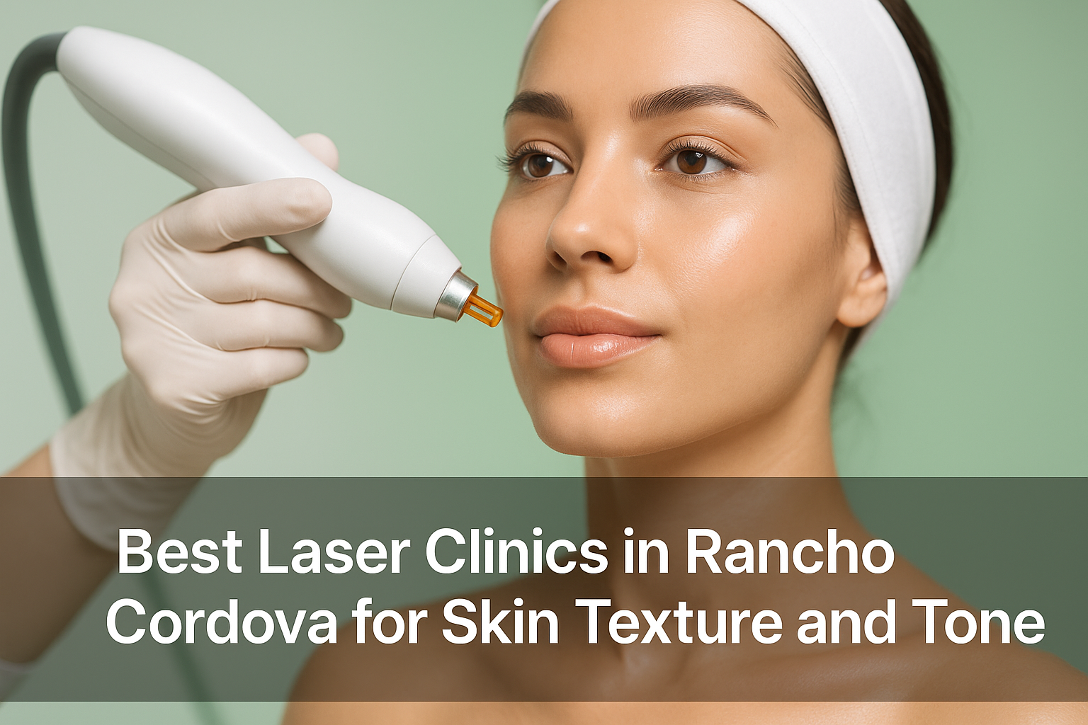 Thumbnail image showing a close-up of a woman with smooth, glowing skin representing laser treatment benefits, with bottom overlay text 'Best Laser Clinics in Rancho Cordova for Skin Texture and Tone' on a professional blog design