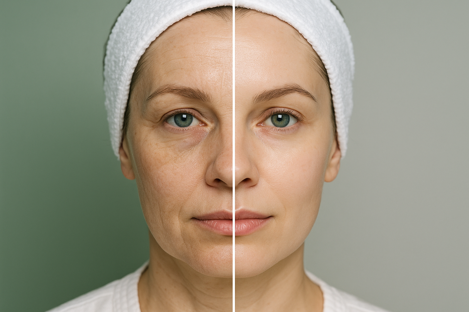 Before and after comparison photo of a female face showing improved skin texture and tone after laser treatment, clinical style with natural lighting