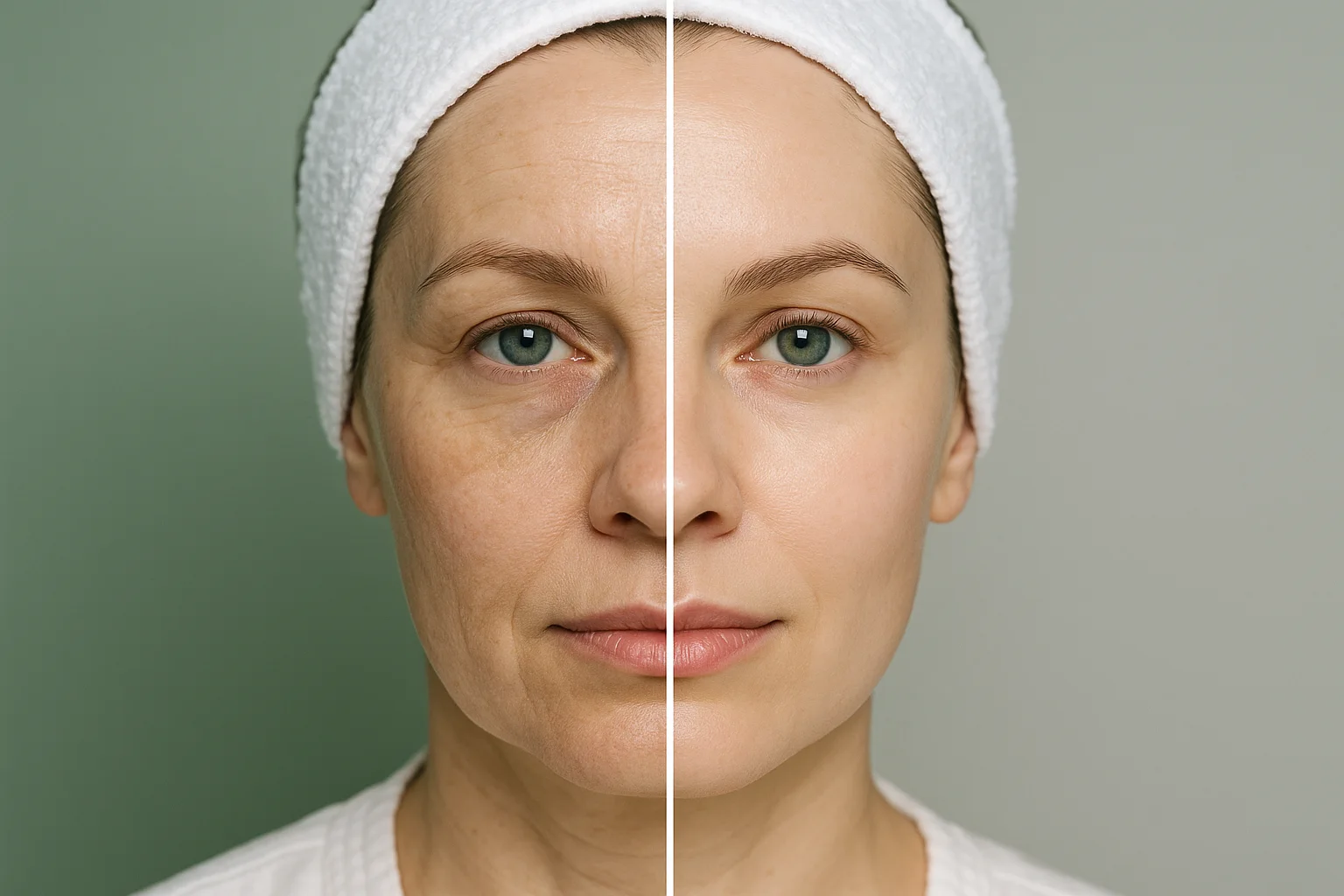 Before and after comparison photo of a female face showing improved skin texture and tone after laser treatment, clinical style with natural lighting