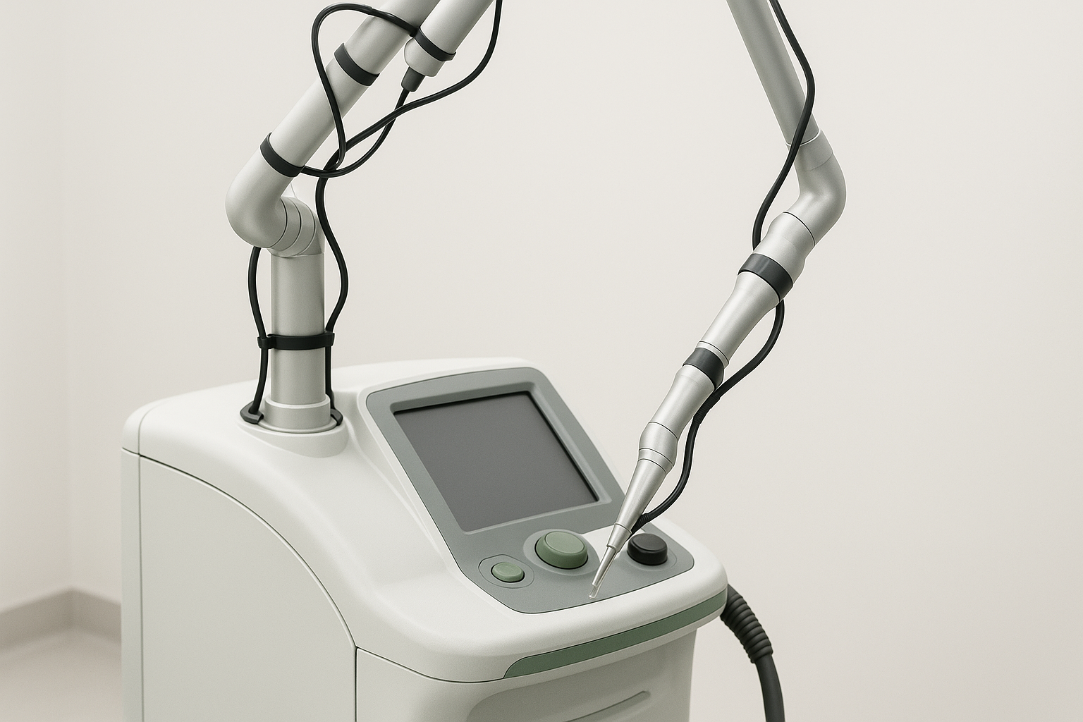 Close-up photograph of modern laser treatment device used in skin clinics showing professional medical equipment with green accent lighting