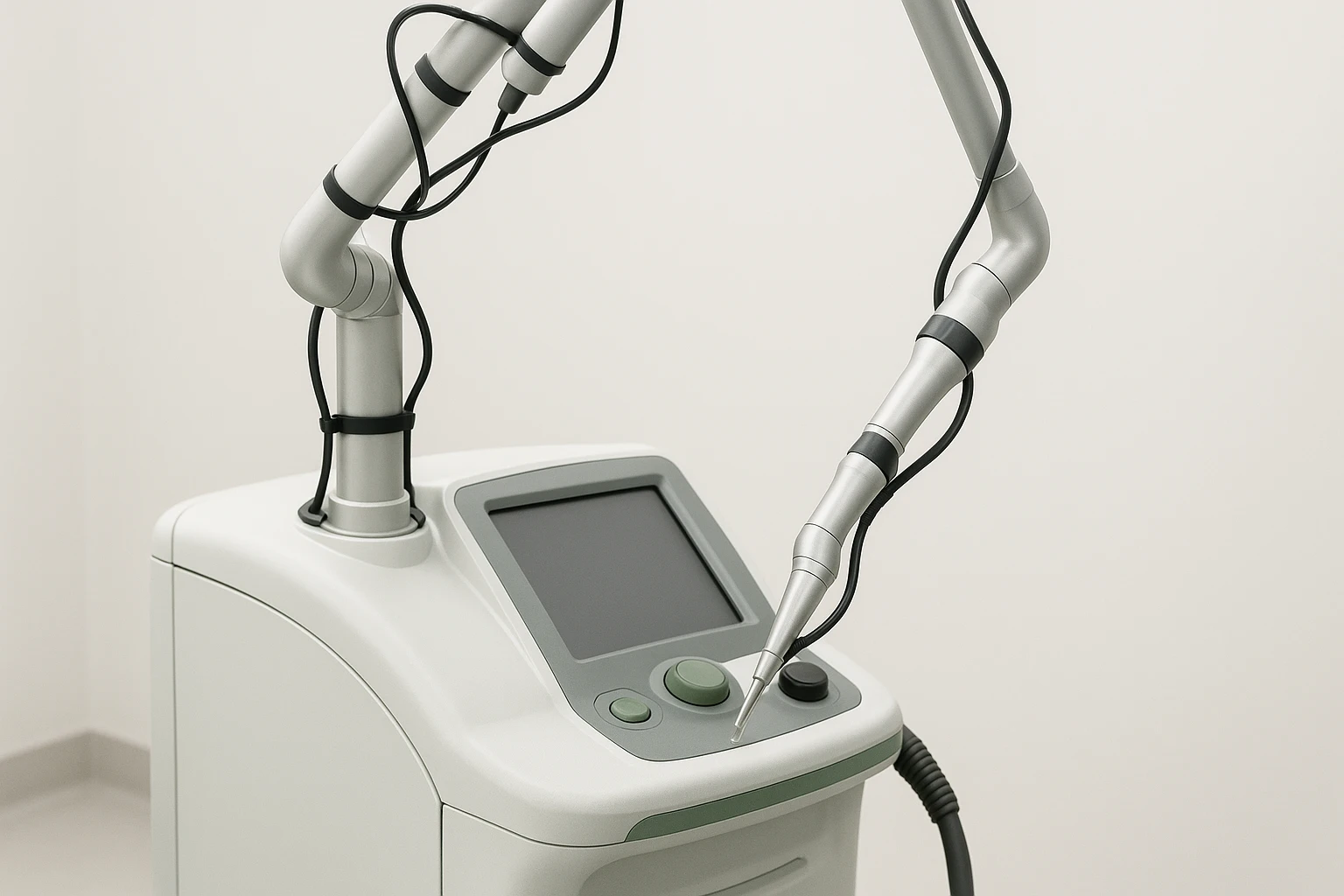 Close-up photograph of modern laser treatment device used in skin clinics showing professional medical equipment with green accent lighting