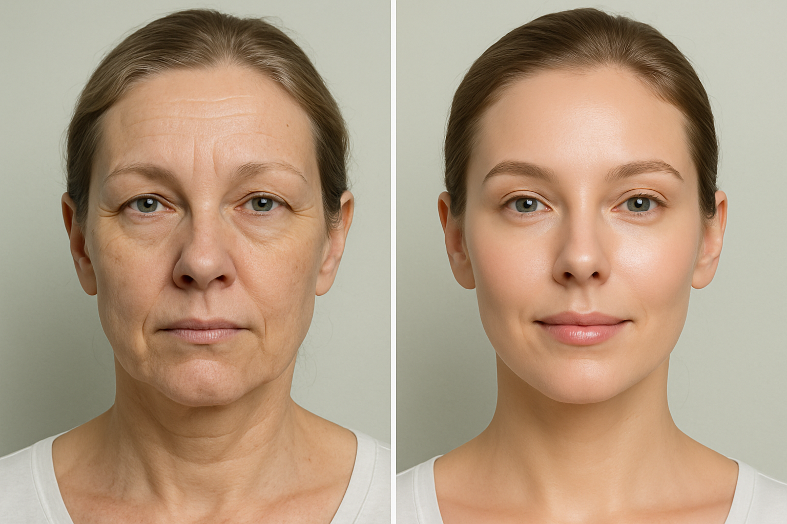 Before and after comparison of facial skin showing improvement in smoothness and glow after cosmetic treatment, clinical style