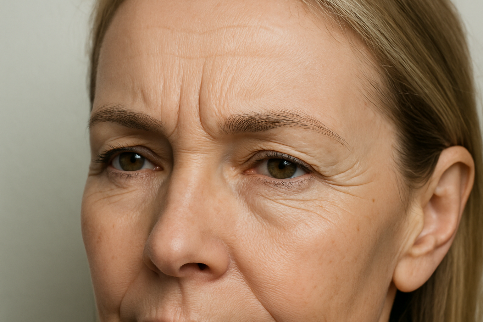 Close-up of middle-aged woman's forehead and eye area with visible crow's feet and frown lines illustrating Botox treatment areas