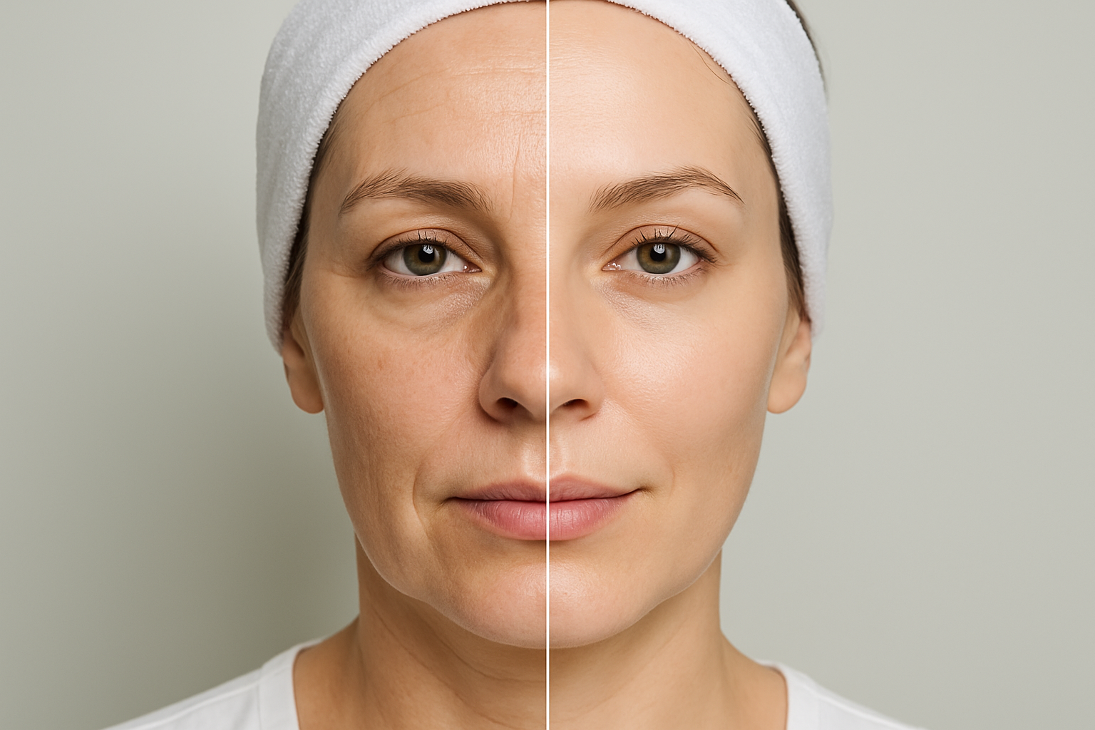 Before and after comparison of facial skin showing improvement in smoothness and glow after cosmetic treatment, clinical style