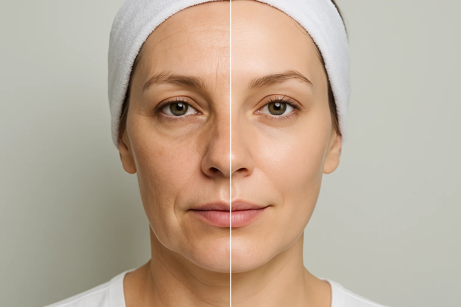 Before and after comparison of facial skin showing improvement in smoothness and glow after cosmetic treatment, clinical style