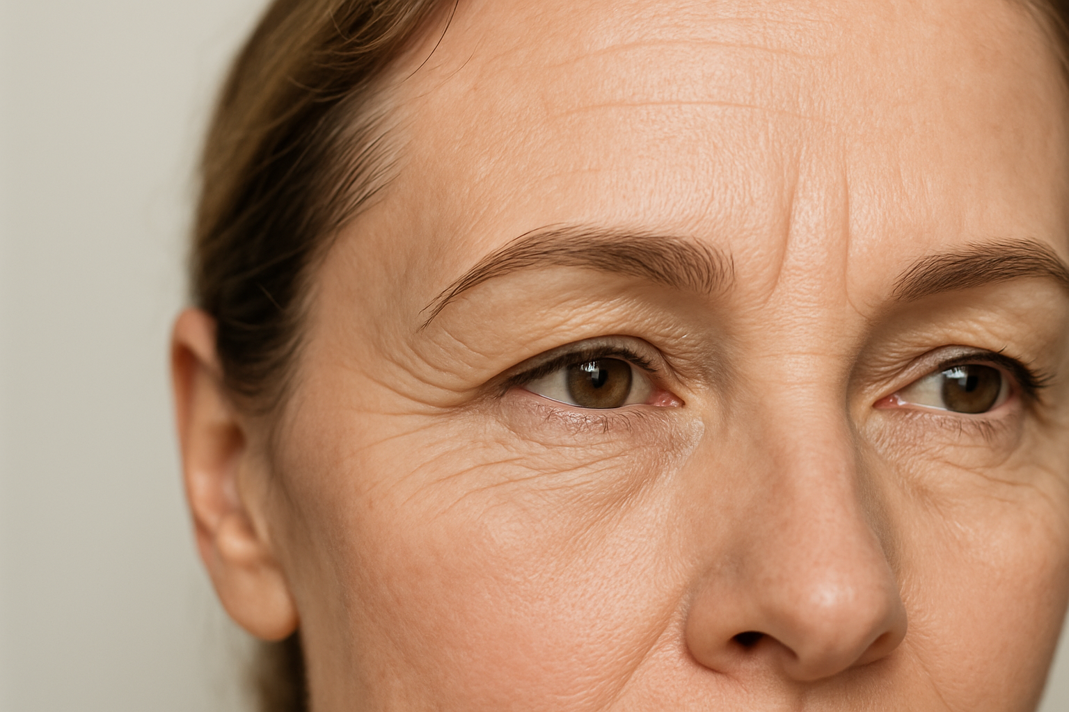 Close-up of middle-aged woman's forehead and eye area with visible crow's feet and frown lines illustrating Botox treatment areas