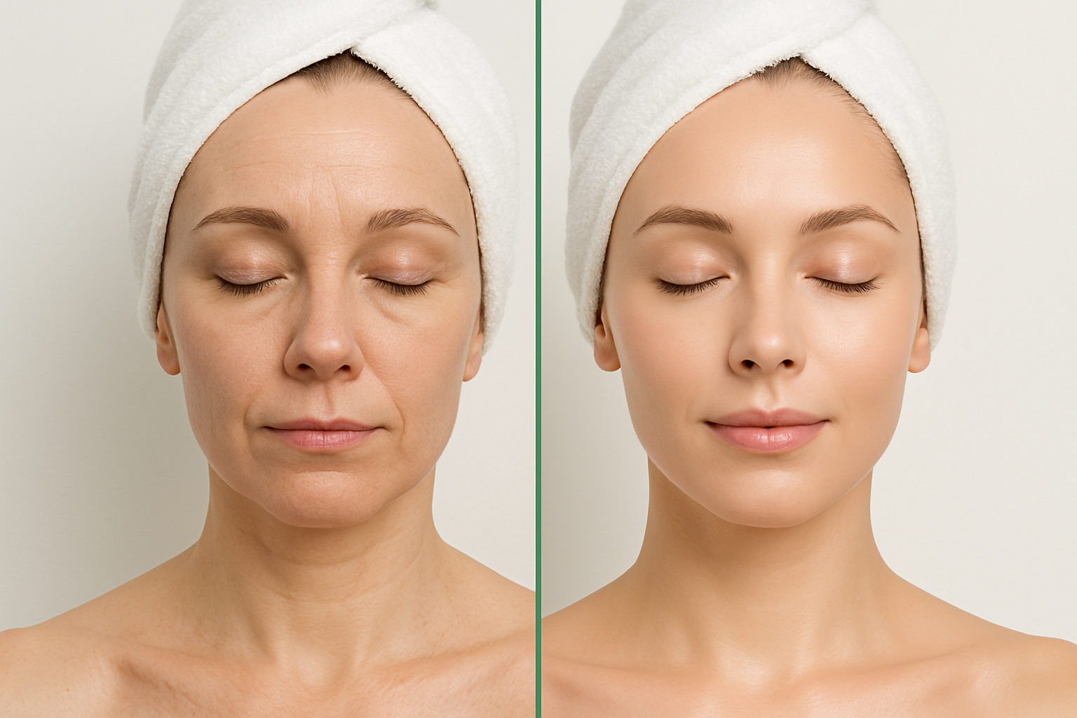 Before and after realistic clinical photo comparison showing facial rejuvenation with improved skin texture, even tone, and reduction of fine lines