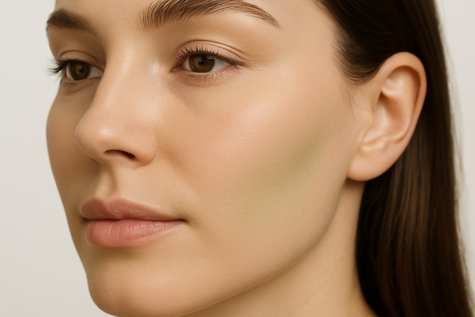 Close-up of a woman's midface and cheeks showing natural volume restoration and youthful skin with smooth contours and balanced facial features
