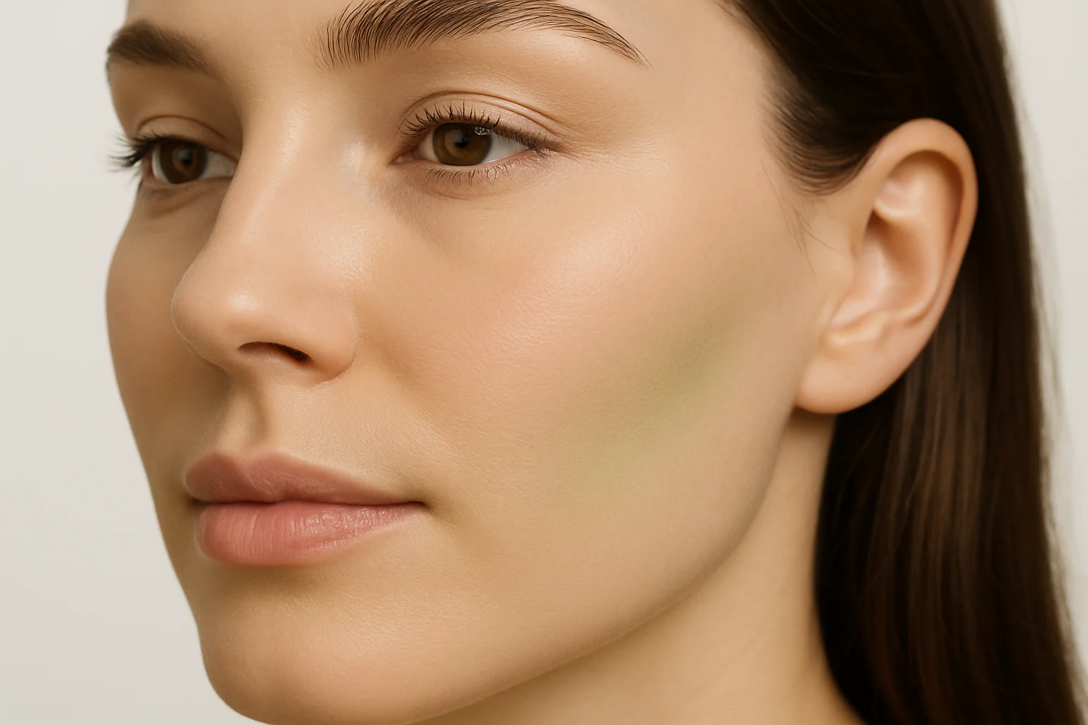 Close-up of a woman's midface and cheeks showing natural volume restoration and youthful skin with smooth contours and balanced facial features