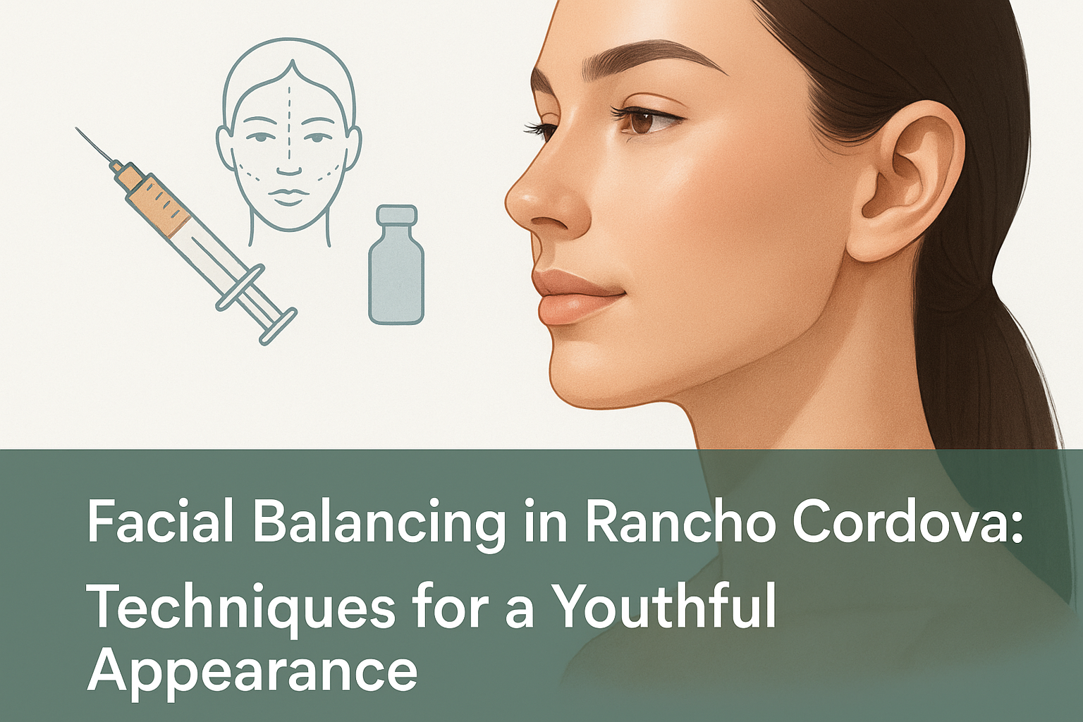 Professional blog thumbnail showing a close-up of a balanced human face highlighting jawline, chin, and cheek contours with an overlay banner text about facial balancing techniques in Rancho Cordova
