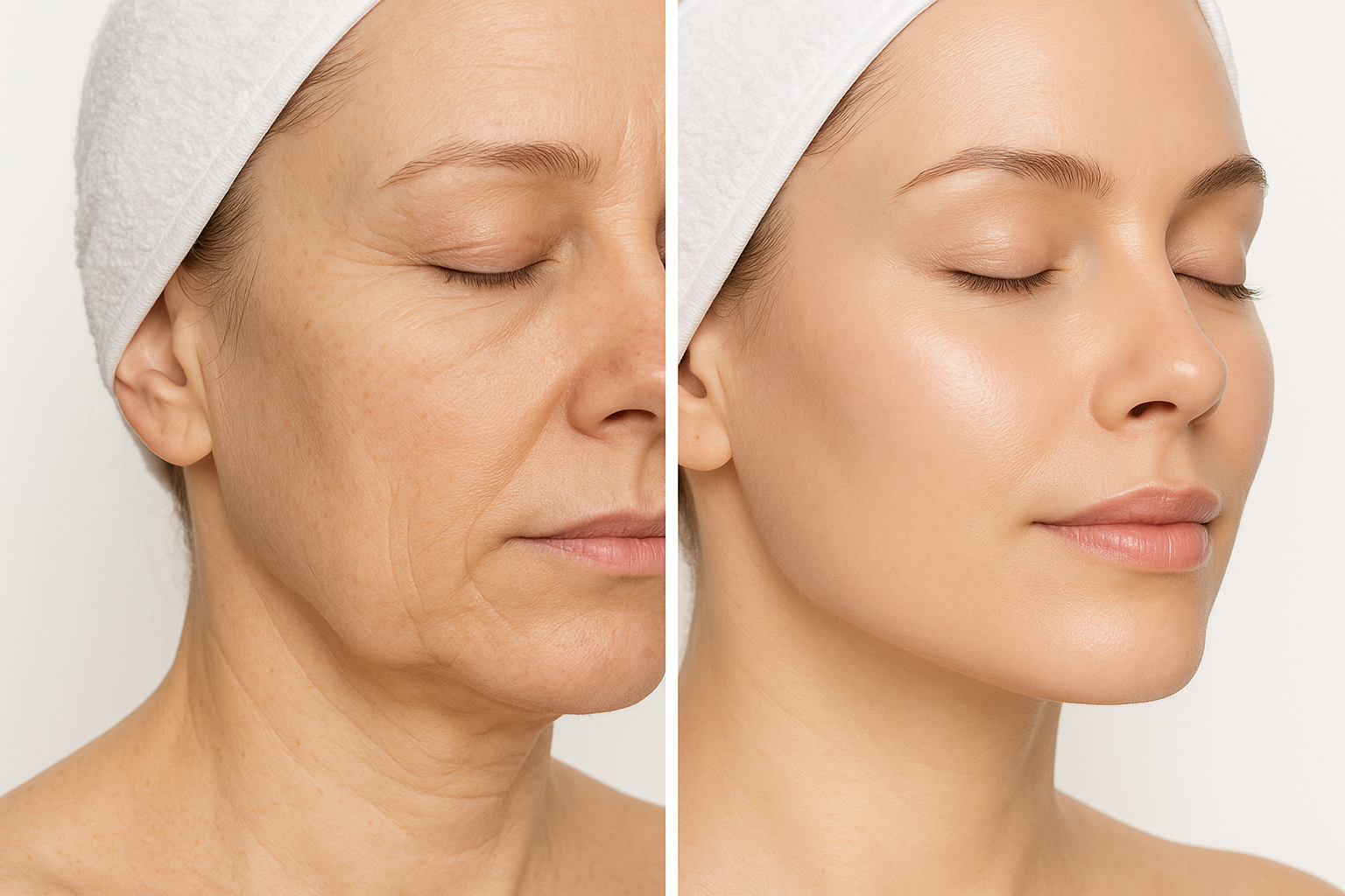 Before and after clinical comparison of facial treatment showing improved skin texture and youthful appearance with smoother and glowing skin on right side