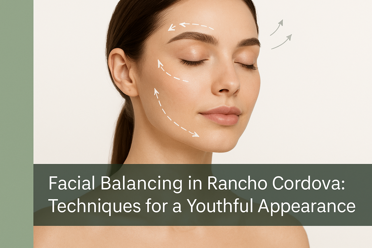 Professional thumbnail showing a softly contoured female face with natural enhancements and a transparent text overlay about facial balancing in Rancho Cordova