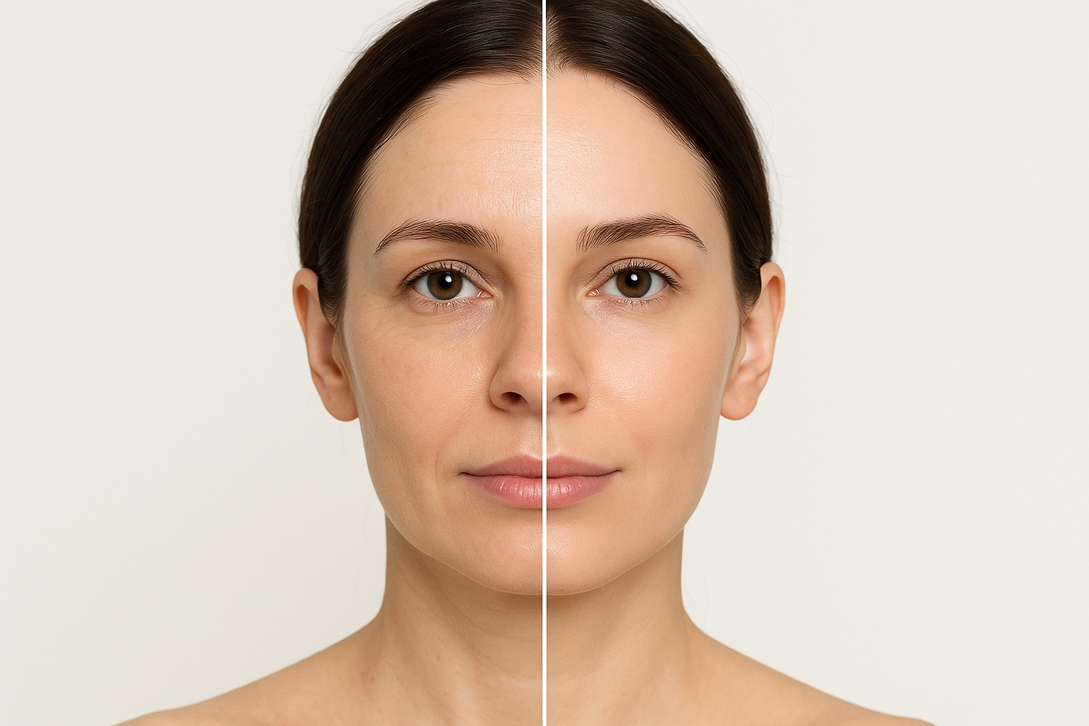 Before and after comparison of facial balancing treatment showing improved skin texture and youthful appearance
