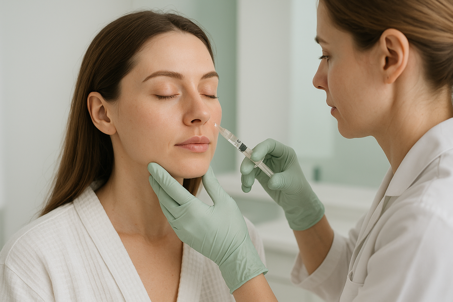Dermal filler treatment being performed on midface area illustrating facial balancing technique at a medical spa